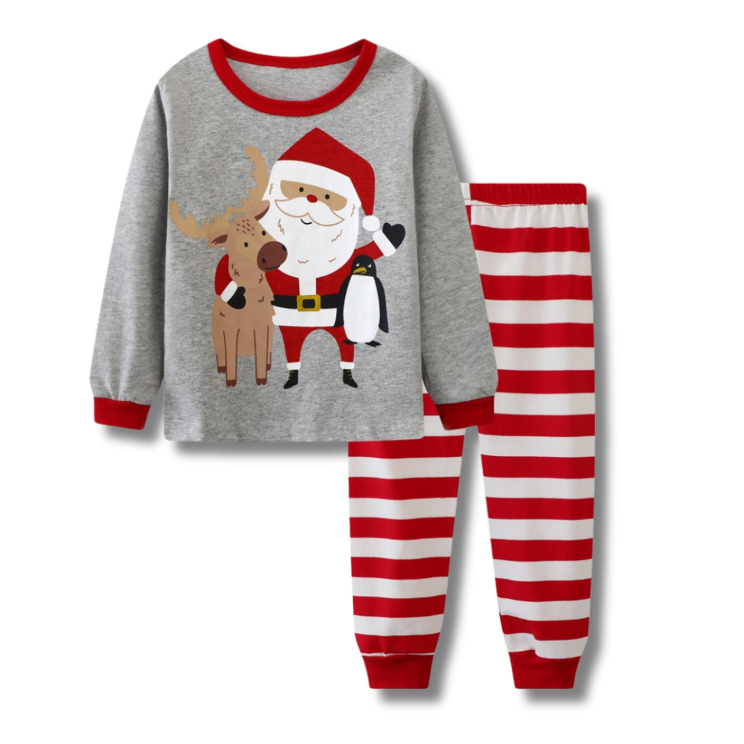 Kids Christmas Pyjamas Grey Santa Red Stripe