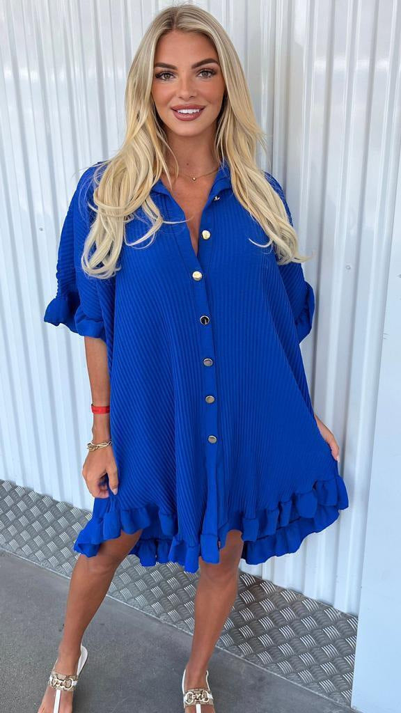 Women Ruffled Sleeve Shirt Dress Royal Blue