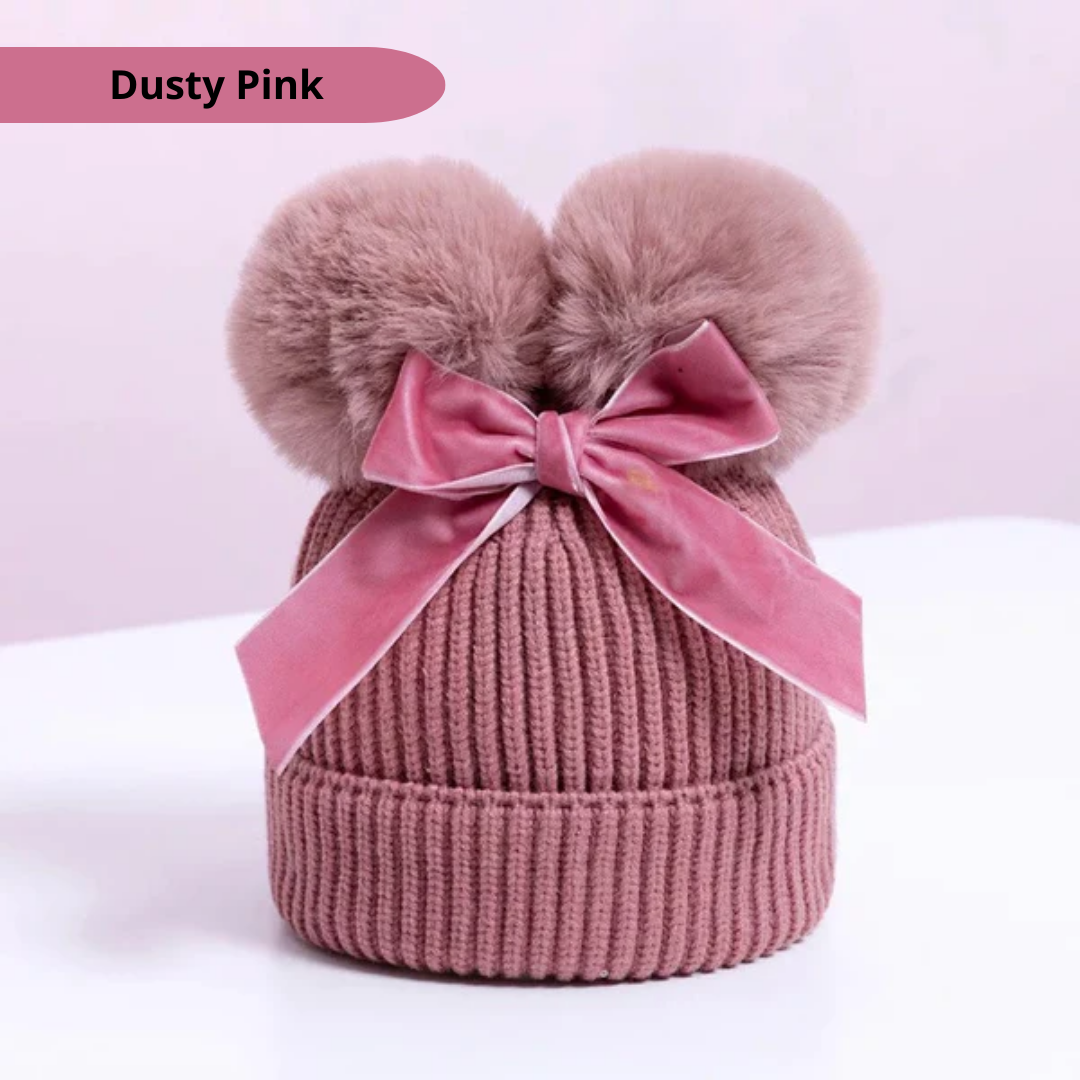 Baby Junior Double Pom Pom and Bow Beanie Hat Dusty Pink Crafty Wholesale Limited