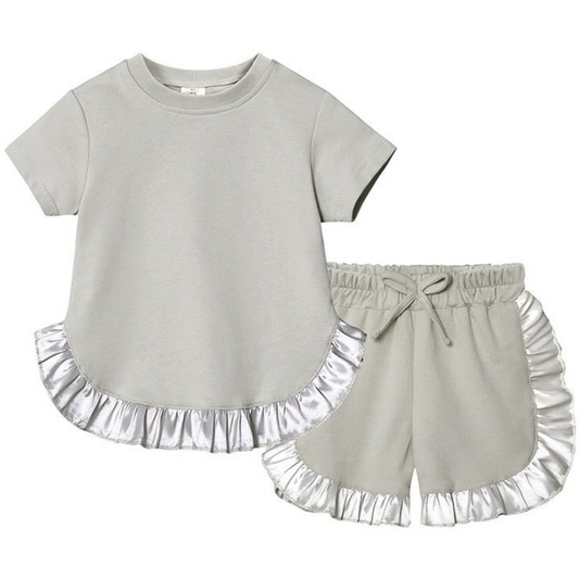 Kids Tales Ruffle Shorts and Tee Sets - Grey