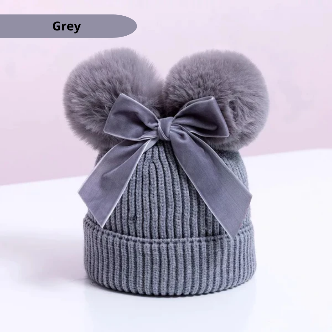 Baby/Junior Double Pom Pom and Bow Beanie Hat Grey