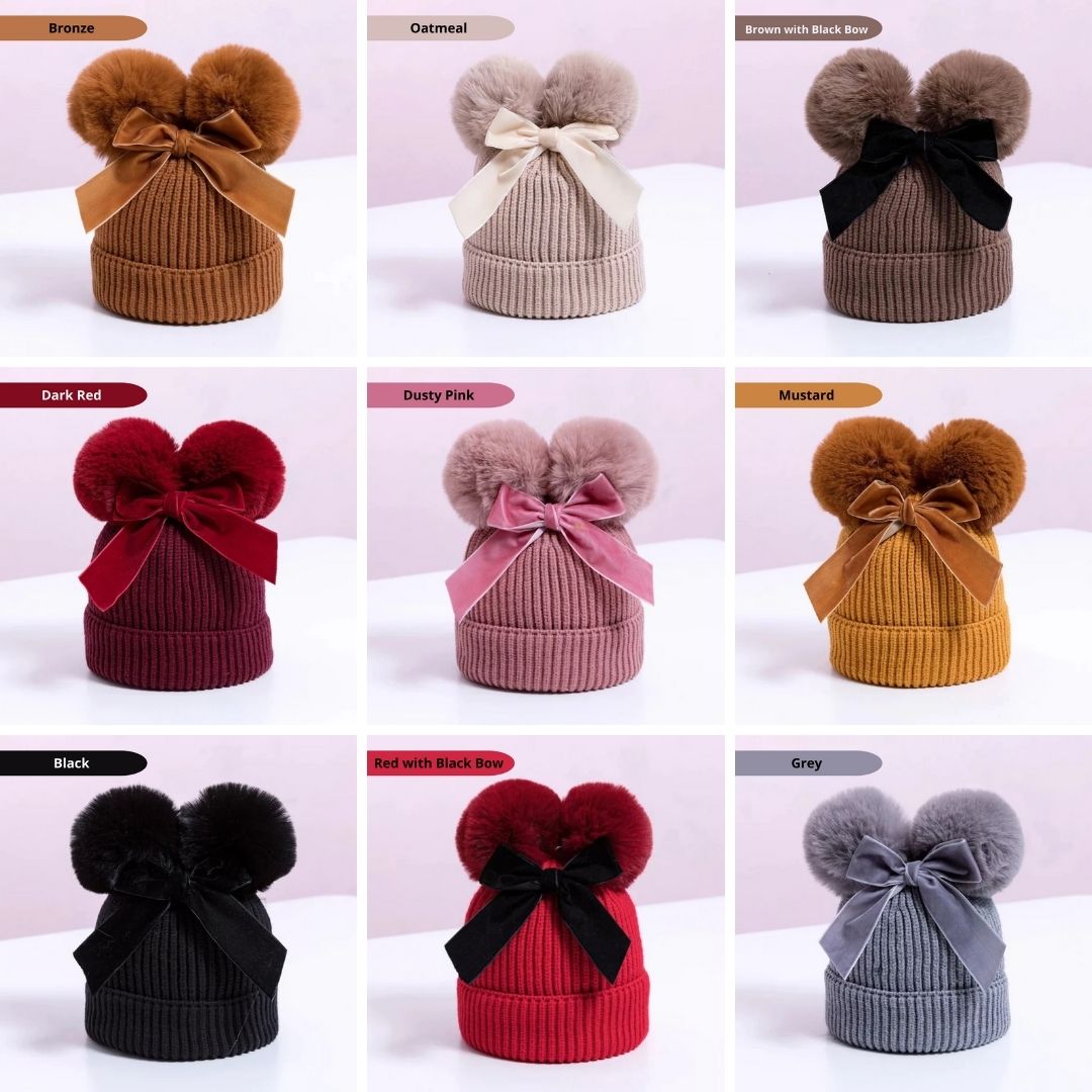 Blank Children's Pom Pom Beanie Hat with Bow - Digital Images