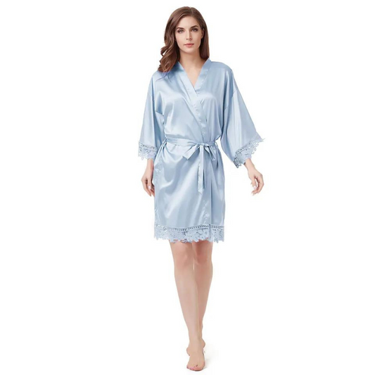 Women's Blank Bridal Day Robe With Crochet Detail - Azure Blue