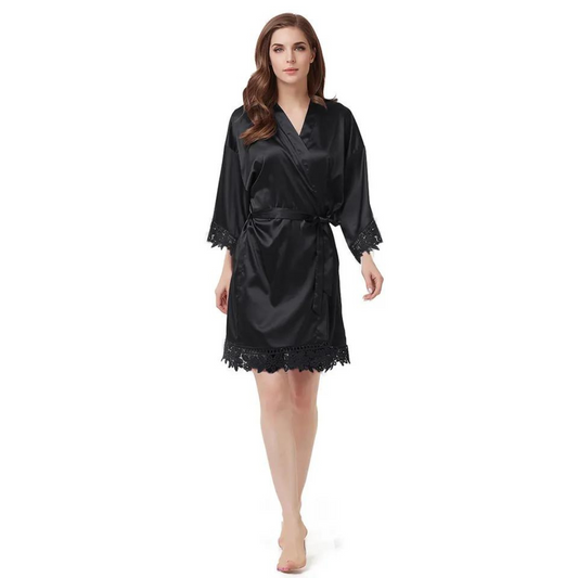 Women's Blank Bridal Day Robe With Crochet Detail - Black