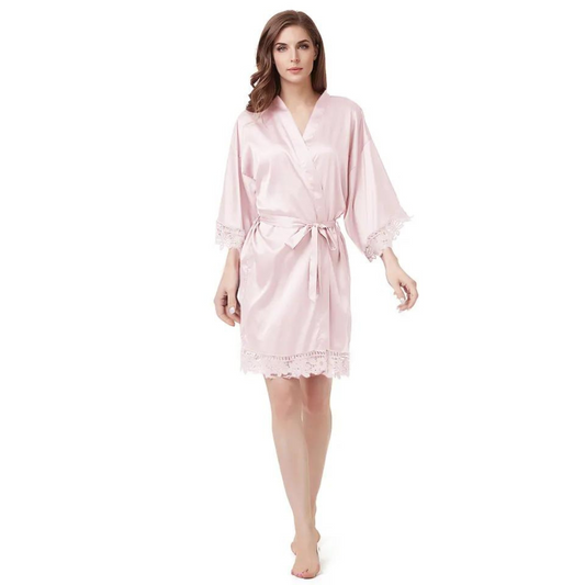 Women's Blank Bridal Day Robe With Crochet Detail - Blush