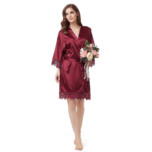 Women's Blank Bridal Day Robe With Crochet Detail - Burgundy