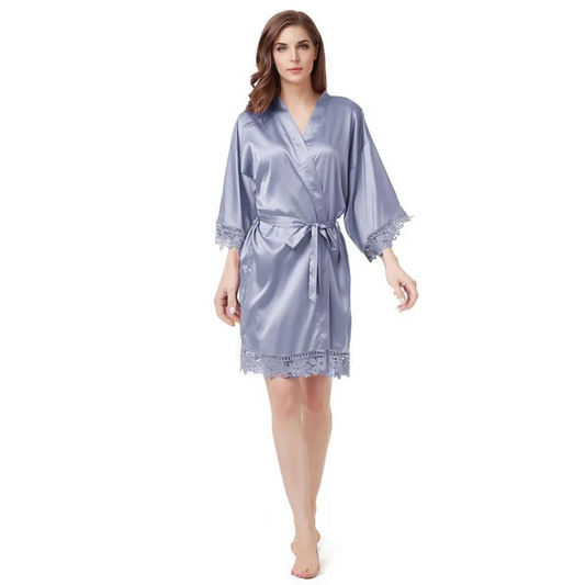 Women's Blank Bridal Day Robe With Crochet Detail - Dusty Blue