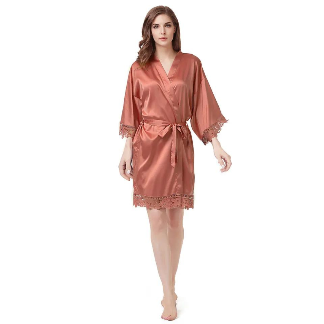 Women's Blank Bridal Day Robe With Crochet Detail - Dusty Orange