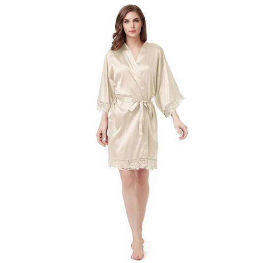 Women's Blank Bridal Day Robe With Crochet Detail - Light Champagne