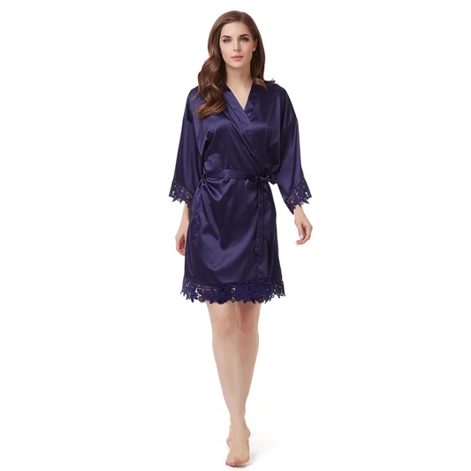 Women's Blank Bridal Day Robe With Crochet Detail - Navy