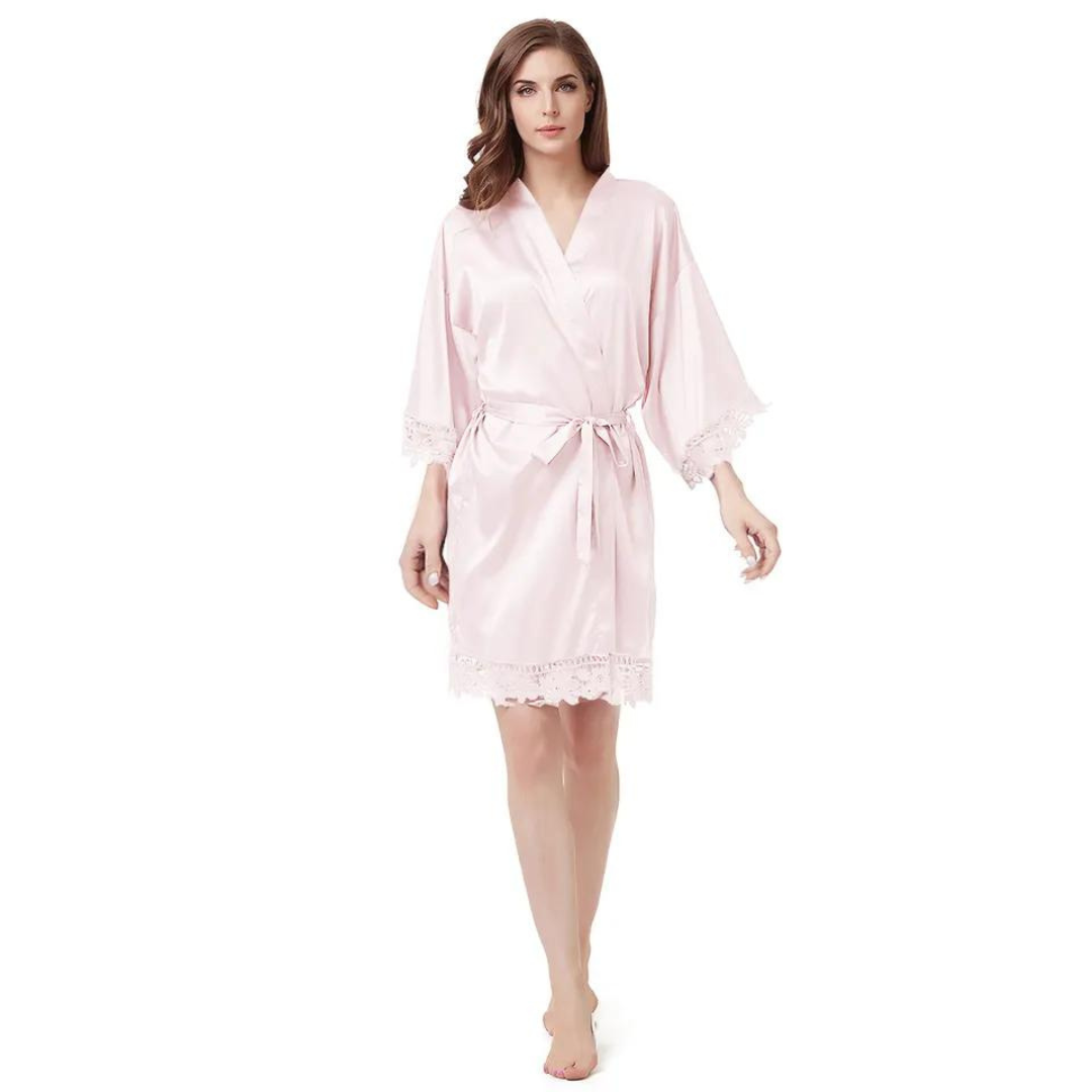 Women's Blank Bridal Day Robe With Crochet Detail - Pale Blush