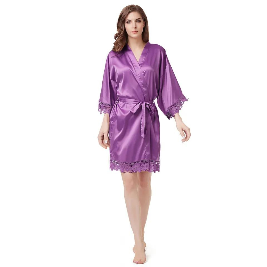 Women's Blank Bridal Day Robe With Crochet Detail - Plum